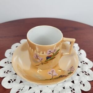 H T KyoTo En Demitasse Miniature Cup and Saucer Occupied Japan‎ Peach Lusterware